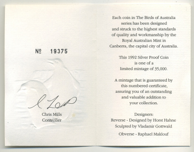 Австралия 10 долларов 1992 императорский пингвин, в оригинальной коробке, с сертификатом KM 192 серебро PROOF 14-01-04-11