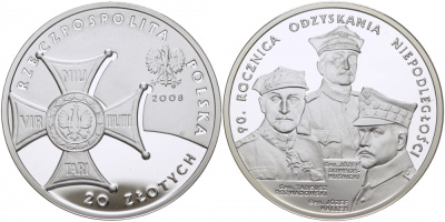 Польша 20 злотых 2008 90 лет восстановления независимости Польши KM 651 серебро PROOF 1077-10-12