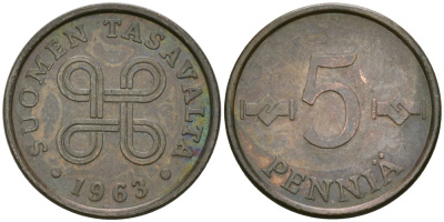Финляндия 5 пенни 1963 KM 45 медь 4576-1024