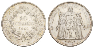 Франция 10 франков 1965 A, Геракл с богинями равенства и братства KM 932, Le Franc 364/3 серебро UNC 443-1643