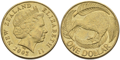 Новая Зеландия 1 доллар 2002 Елизавета II (1952-2022), птица киви  KM 120 алюминиевая бронза 34-443