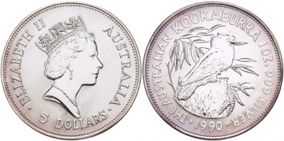 Австралия 5 долларов 1990 кукабара, 1 унция KM 189 серебро UNC 11-154-23