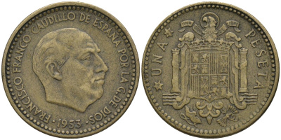 Испания 1 песета 1953 (63) Франсиско Франко (1939-1975) KM 775 алюминиевая бронза 4171-441
