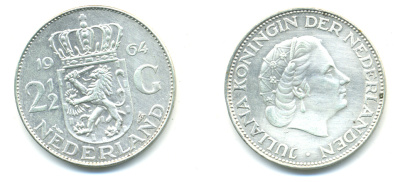 Нидерланды 2 1/2 гульдена 1964 Юлиана (1948-1980) KM 185 серебро 83-633