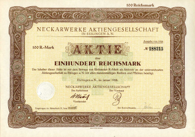 Германия 100 рейхсмарок 1928 АО Неккарверке в Эсслингене, акция   бумага   8801-71-1