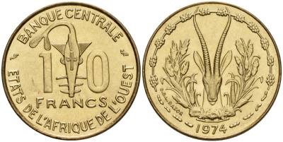 Западная Африка (BCEAO) 10 франков 1974 KM 1a медь алюминий никель UNC 4591-224