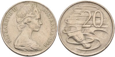 Австралия 20 центов 1974 Елизавета II (1952-2022), утконос KM 66 медно-никель 4565-822