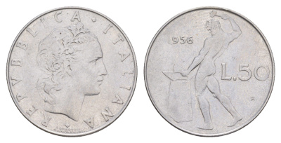Италия 50 лир 1956 R, бог огня Вулкан у наковальни KM 95.1 нержавеющая сталь 4150-1112