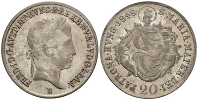 Венгрия 20 крейцеров 1848 B, Фердинанд I (1835-1848), мадонна с младенцем KM 422, Herinek 286, Jl. 250 серебро 413-5842