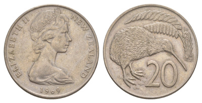Новая Зеландия 20 центов 1969 Елизавета II (1952-2022), птичка киви KM 36.1 медно-никель 4182-747