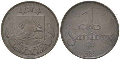 Латвия 1 сантим 1922 очень редкий год KM 1 бронза 4613-1129