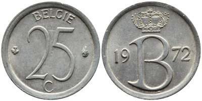БЕЛЬГИЯ 25 САНТИМОВ 1972 BELGIE KM 154.1 медно-никель 4392-434