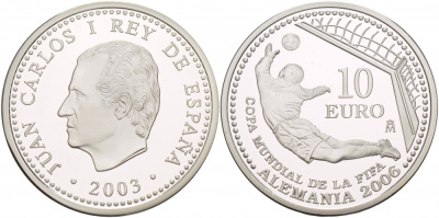 Испания 10 евро 2003 чемпионат мира по футболу в Германии 2006, вратарь, гол KM 1076 серебро PROOF 1088-5-62