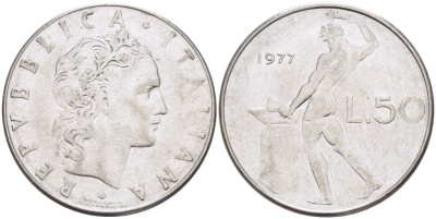 ИТАЛИЯ 50 ЛИР 1977 R, КУЗНЕЦ, ВУЛКАН БОГ ОГНЯ, ДИАМЕТР 25 ММ. KM 95.1 нержавеющая сталь 110-747
