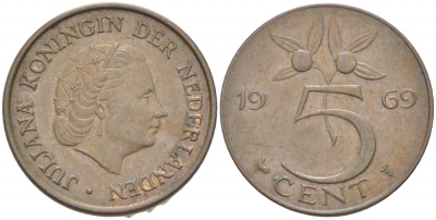 Нидерланды 5 центов 1969 Юлиана (1948-1980) KM 181 бронза 3856-954