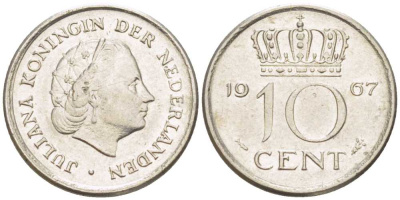 НИДЕРЛАНДЫ 10 ЦЕНТОВ 1967 ЮЛИАНА (1948-1980) KM 182 никель 214-1225