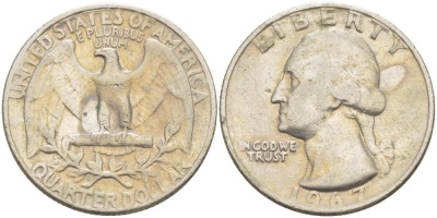 США 25 центов (квотер) 1967 Вашингтон KM 164a медь плакированная медно-никелем 4402-723