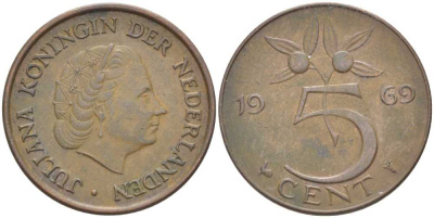 Нидерланды 5 центов 1969 Юлиана (1948-1980) KM 181 бронза 213-1053