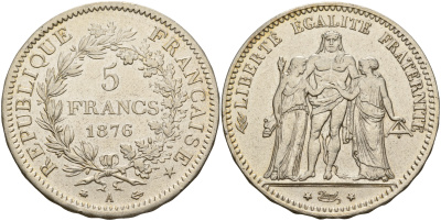 Франция 5 франков 1876 А, Геракл с богинями равенства и братства KM 820.1 серебро 00-1067-8-54