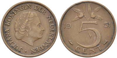 НИДЕРЛАНДЫ 5 ЦЕНТОВ 1951 ЮЛИАНА KM 181 бронза 214-765