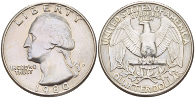США 25 центов (квотер) 1980 D, Вашингтон KM А164а медь плакированная медно-никелем 4546-1257