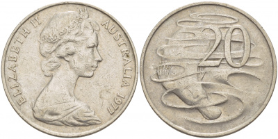 АВСТРАЛИЯ 20 ЦЕНТОВ 1977 ЕЛИЗАВЕТА II, МОЛОДОЙ ПОРТРЕТ, УТКОНОС KM 66 медно-никель 115-1012