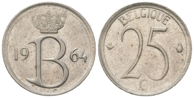Бельгия 25 сантимов 1964 Belgique, Бодуэн I (1951-1993) KM 153.1 медно-никель UNC 4617-1134