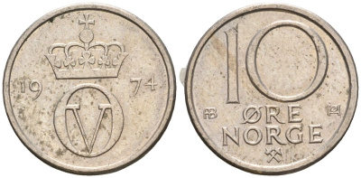 Норвегия 10 эре 1974 Улаф V (1958-1991) KM 416 медно-никель 4608-334