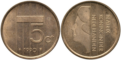 НИДЕРЛАНДЫ 5 ЦЕНТОВ 1990 БЕАТРИКС KM 202 бронза 65-1253