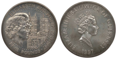 Гернси 5 фунтов 1997 Елизавета и Филипп, золотая свадьба KM 71 медно-никель UNC 1078-4-14