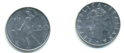 Италия 50 лир 1978 R, бог огня Вулкан у наковальни KM 95.1 нержавеющая сталь 80-1243