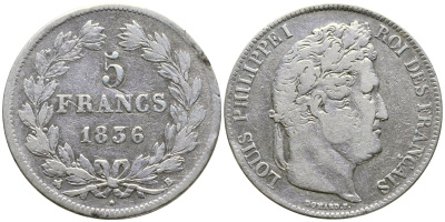 Франция 5 франков 1836 B, Луи Филипп I (1830-1848) KM 749.2 серебро 1066-7-52