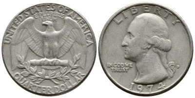США 25 центов (квотер) 1974 D, Вашингтон KM 164a медь плакированная медно-никелем 57-712