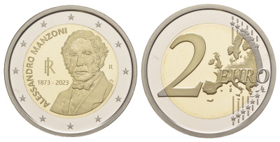 Италия 2 евро 2023 150 лет со дня смерти Алессандро Мандзони, в оригинальной упаковке, с сертификатом, тираж 17.000 экземпляров биметалл PROOF 8-2-01-52