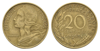 Франция 20 сантимов 1968 KM 930 алюминиевая бронза 4673-1115