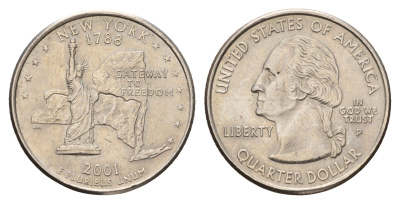 США 25 центов (квотер, 1/4 доллара) 2001 P, Квотер штата Нью-Йорк KM 318 медь плакированный медно-никелем 4666-1041