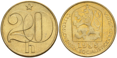 Чехословакия 20 геллеров 1988 KM 74 латунь 4152-846