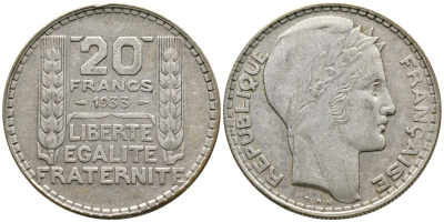 Франция 20 франков 1933 Пьер Тюрен KM 879, Le Franc 400.3 серебро 4386-414