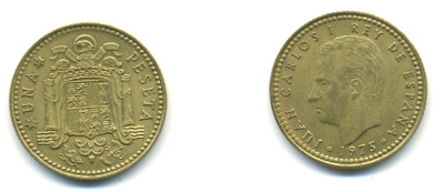 ИСПАНИЯ 1 ПЕСЕТА 1975 (77) ХУАН КАРЛОС I (1975-) КМ 806 алюминиевая бронза 177-117