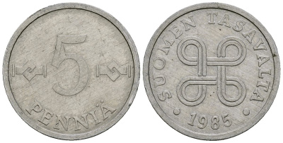 Финляндия 5 пенни 1985 KM 45a алюминий 4136-867