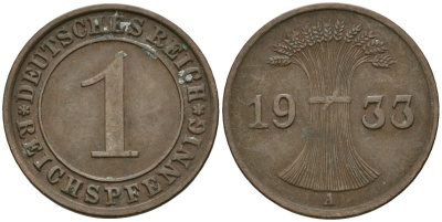 Германия 1 рейхспфенниг 1933 A KM 37, J. 313 бронза 4189-1161