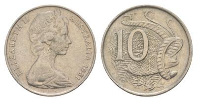 Австралия 10 центов 1981 Елизавета II (1952-2022), птица лирахвост KM 65 медно-никель 4525-433