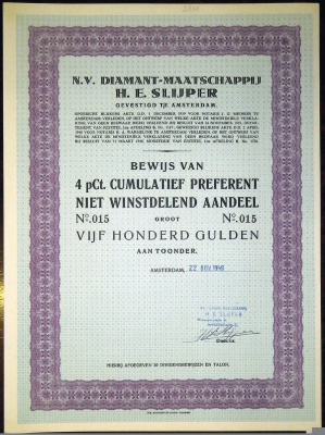 N. V. DIAMANT-MAATSCHAPPIJ H.E. SLIJPER ПРИВИЛЕГИРОВАННАЯ АКЦИЯ В 500 ГУЛЬДЕНОВ 1949 НИДЕРЛАНДЫ бумага 5553-40