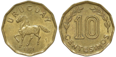 Уругвай 10 сентесимо 1981 KM 66 алюминиевая бронза 4169-549