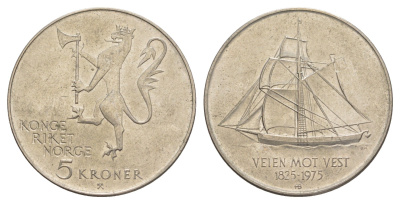 Норвегия 5 крон 1975 150 лет иммиграции в Америку KM 422 медно-никель aUNC 4162-433