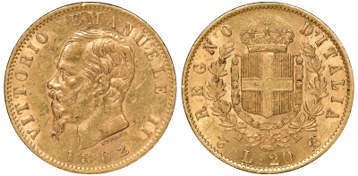 Италия 20 лир 1862 T, Виктор Эммануил II (1861 - 1878) KM 10 золото 00-00