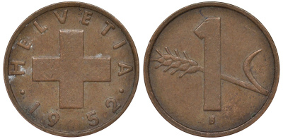 Швейцария 1 раппен 1952 KM 46 бронза 4164-138