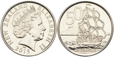 Новая Зеландия 50 центов 2015 Елизавета II (1952-2022), парусник Индевор KM 119а никелированная сталь 4579-1113