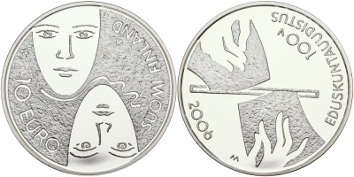 Финляндия 10 евро 2006 100 лет Парламентским реформам, два лица KM 132 серебро PROOF 11-226-21