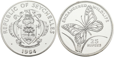 Сейшельские острова 25 рупий 1994 серия защита окружающей среды, бабочка, тираж 20000 экз. KM 74 серебро PROOF 00-00